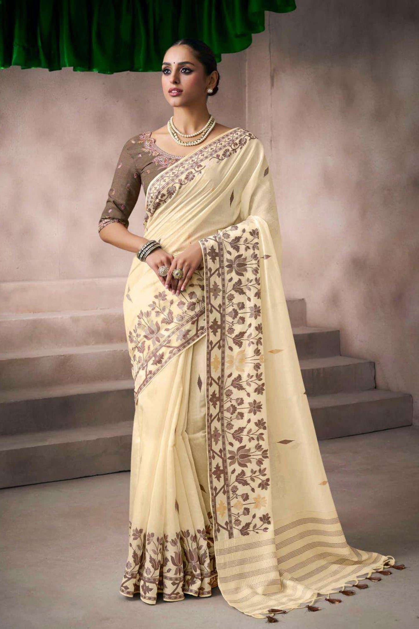 Beige Embroidered Wedding Saree With Designer Blouse Front View