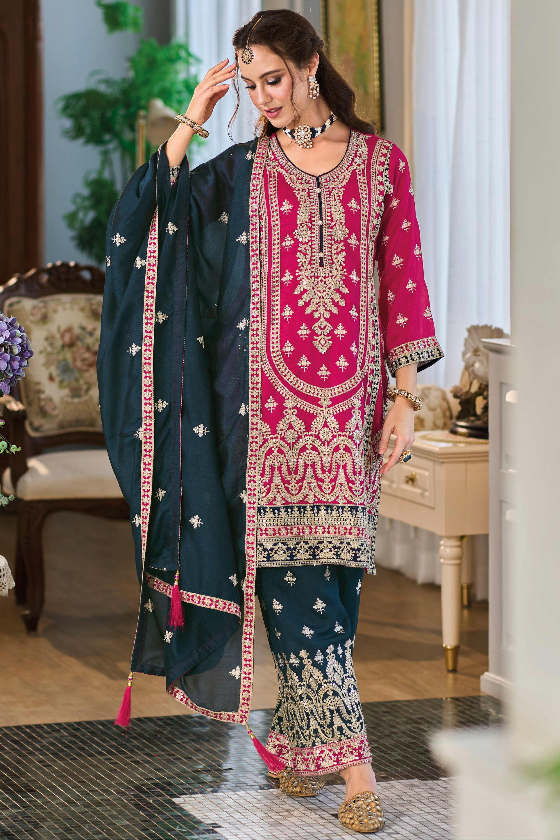 Pink Silk Salwar Kameez Back View - Embroidered Dupatta Set for Special Occasions