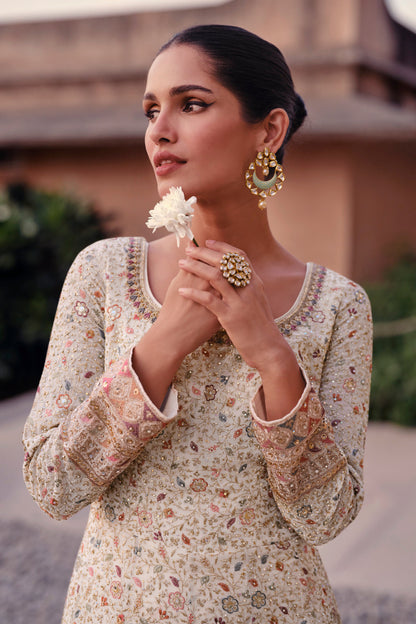 White Anarkali Salwar Suit Embroidery Worked Heavy Long Dupatta Suit