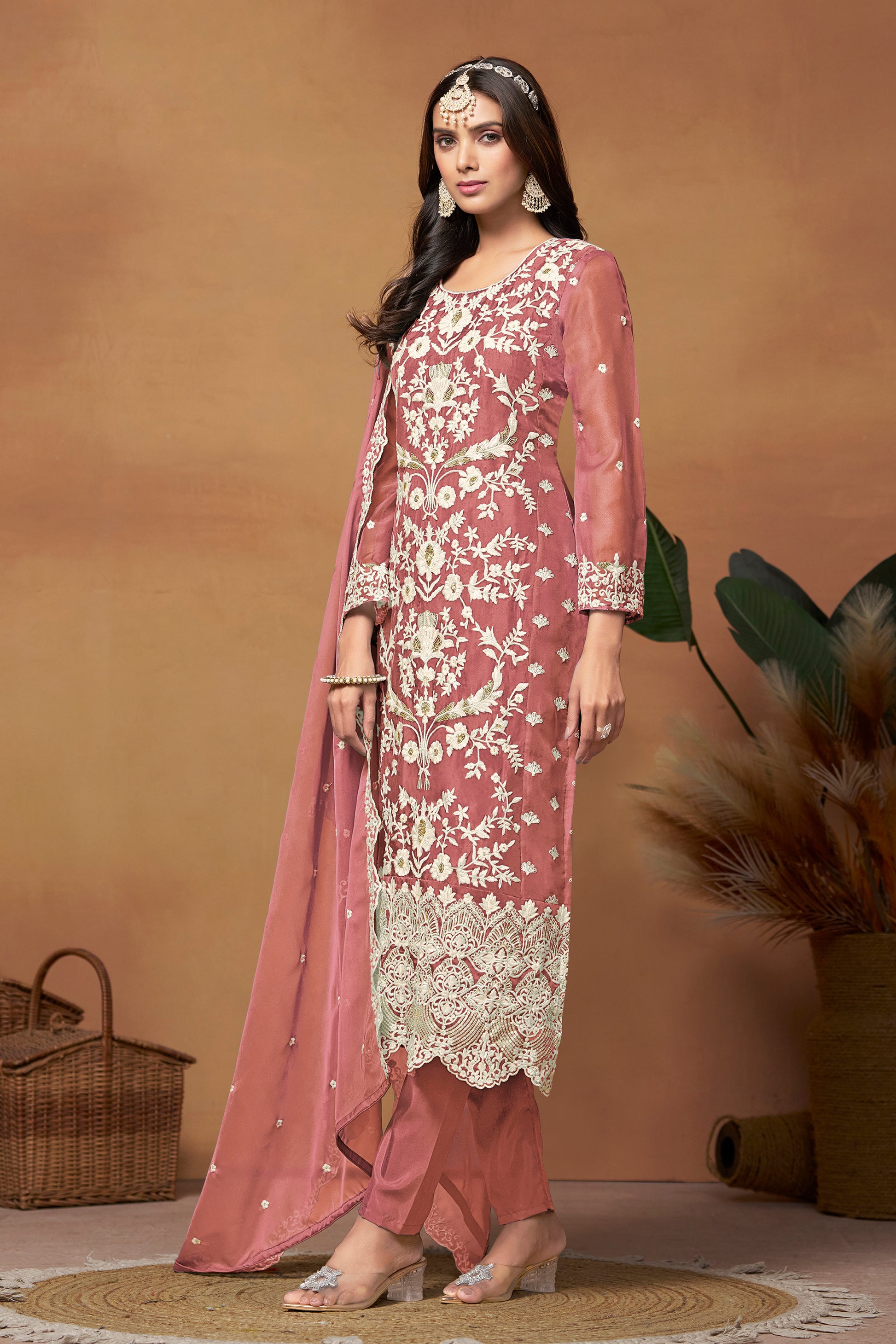 Festival Embroidered Organza Salwar Suit With Matching Dupatta For Women