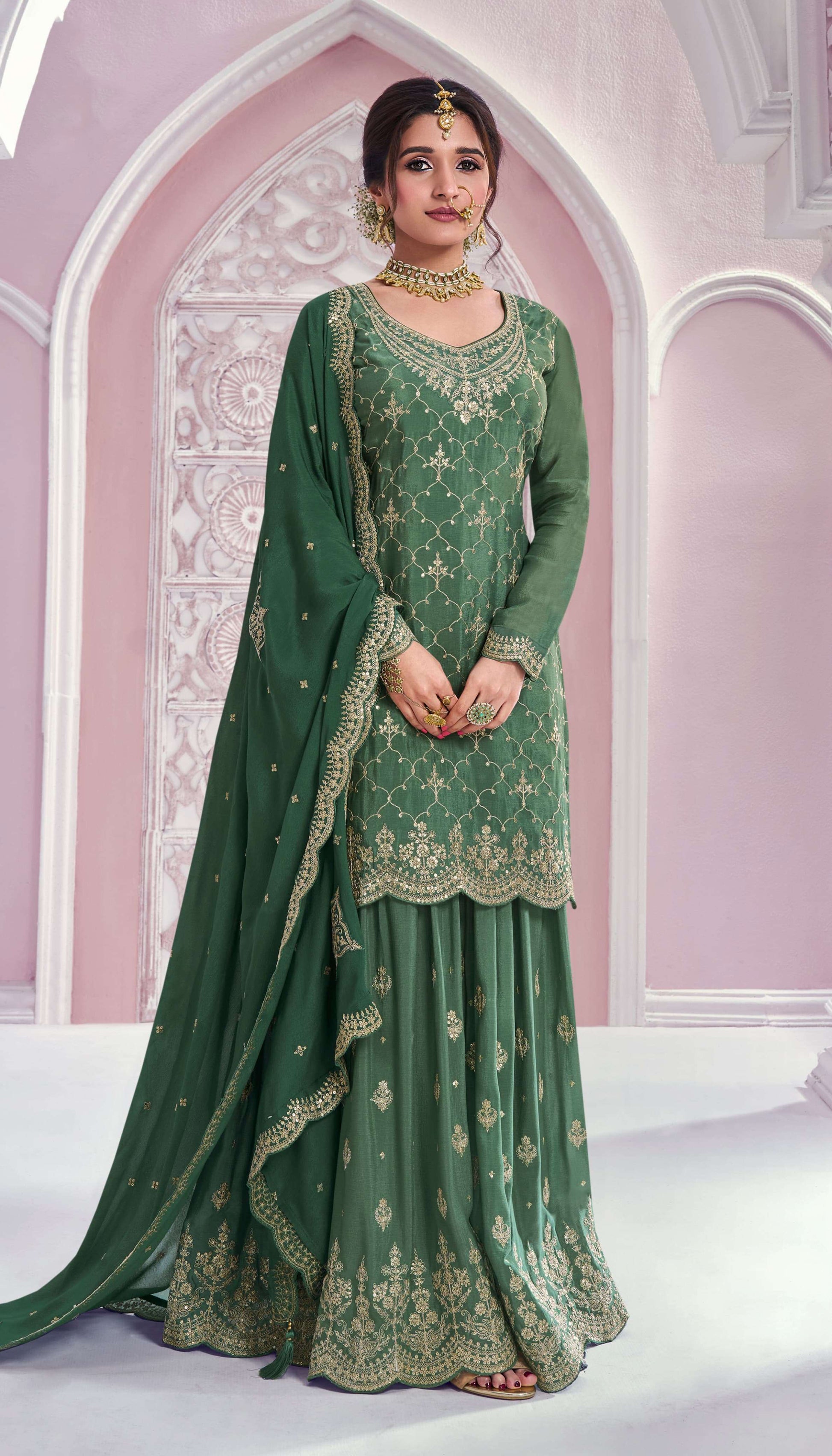 Pakistani Eid Party Wear Salwar Kameez - Green Embroidered Palazzo Suit For Diwali Festival USA