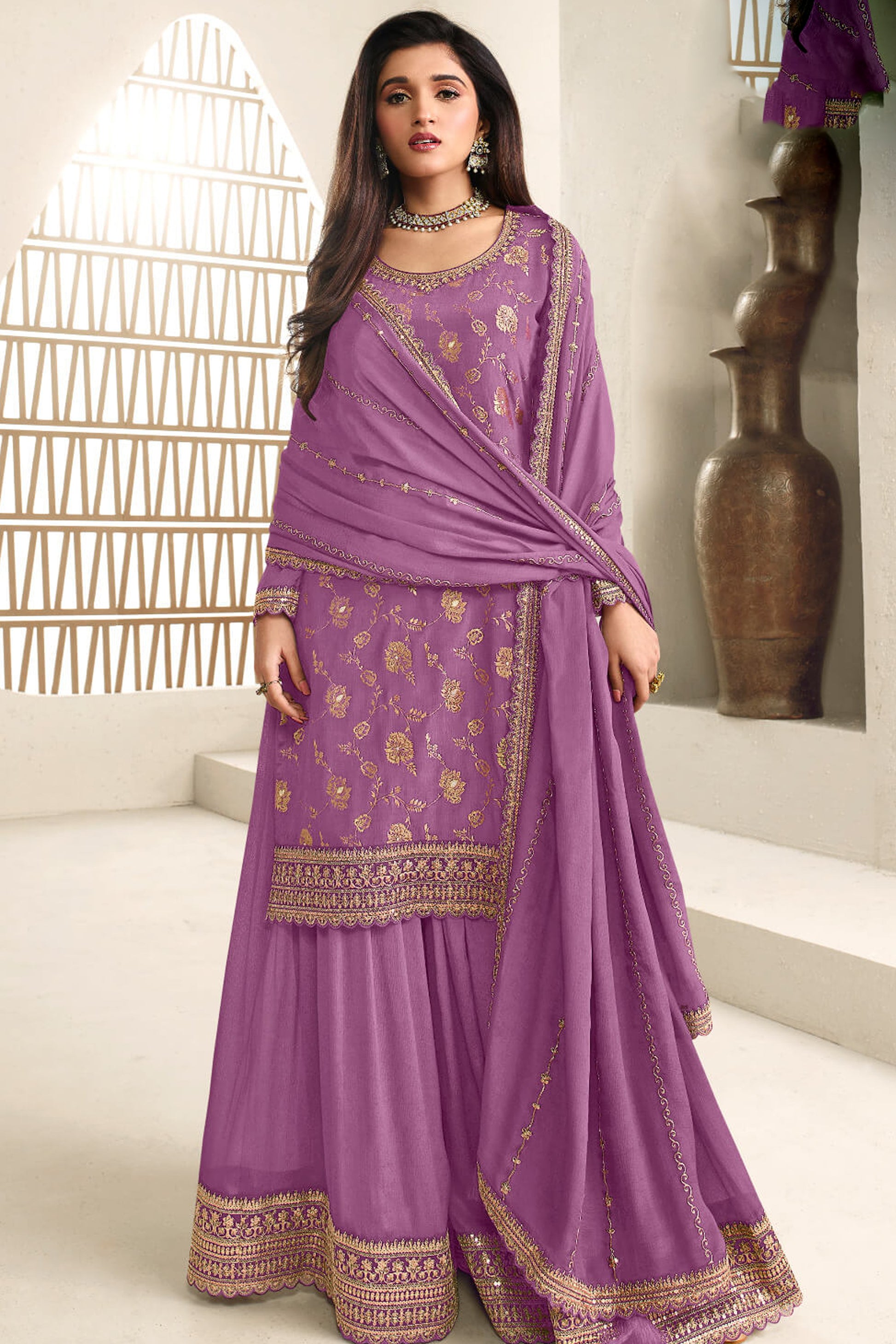 Royal Purple Embroidered Salwar Kameez Palazzo Suit For Diwali Wedding - Indian Ethnic Wear USA