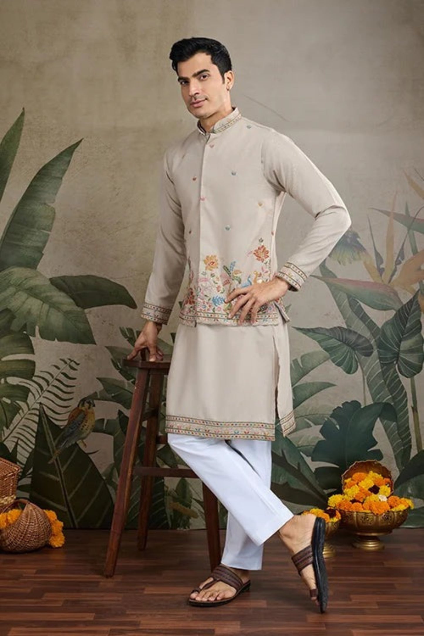 Trendy Beige Color Viscose Silk Kurta Set For Men Real Mirror Work With Matching Pant