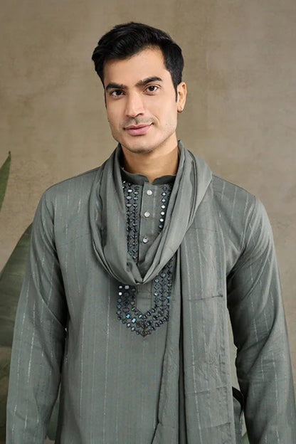 Full-length kurta pajama outfit in grey for festive and wedding occasions