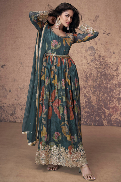 Reception-Wedding Special Teal Blue Real Georgette Pakistani Anarkali Dresses With Dupatta