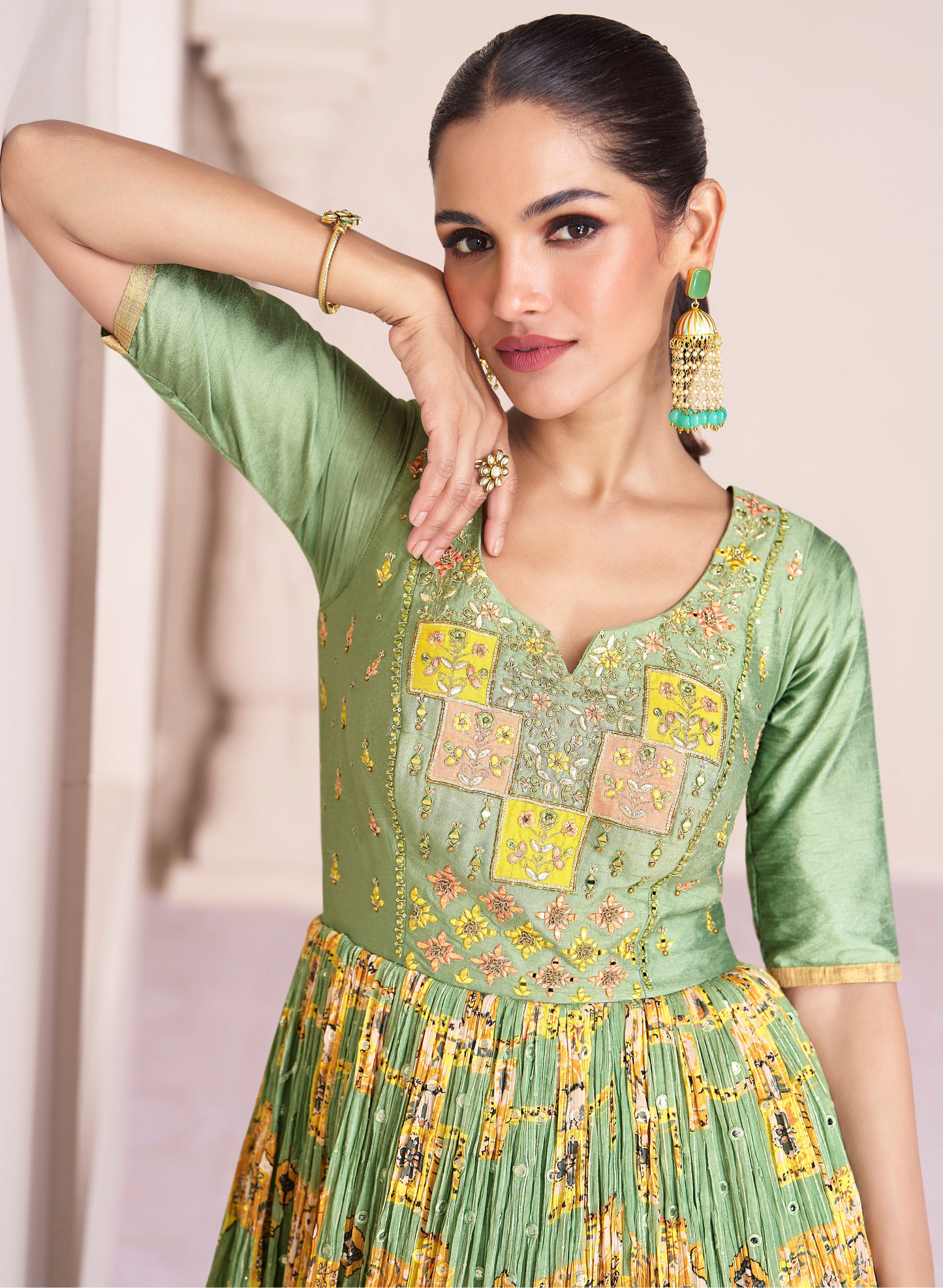Green Pakistani Wedding Outfit Anarkali Suit With Dupatta Embroidered