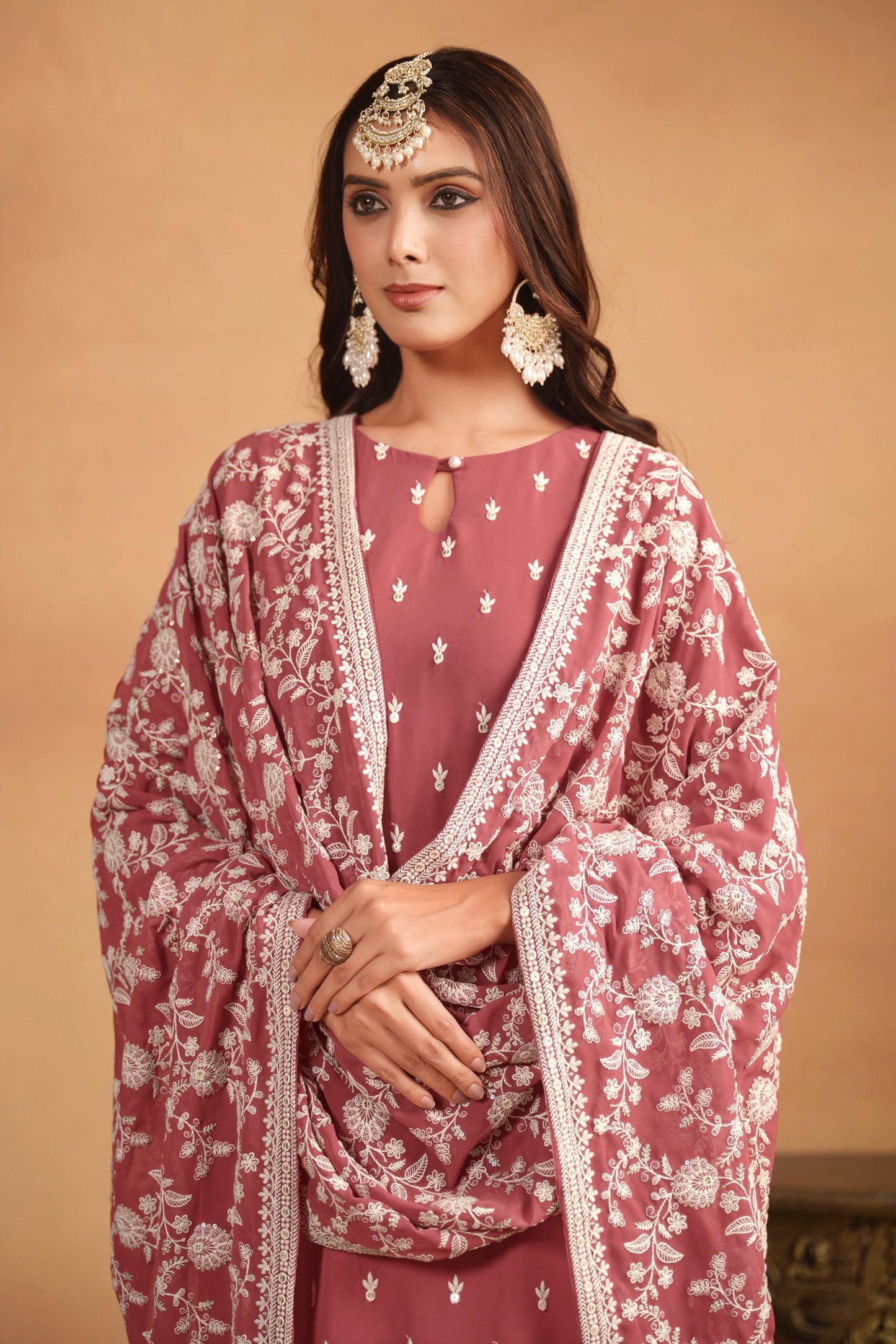 Peach Chinon Salwar Kameez With Dupatta - Traditional Indian Ethnic Wear With Thread Embroidery Work 