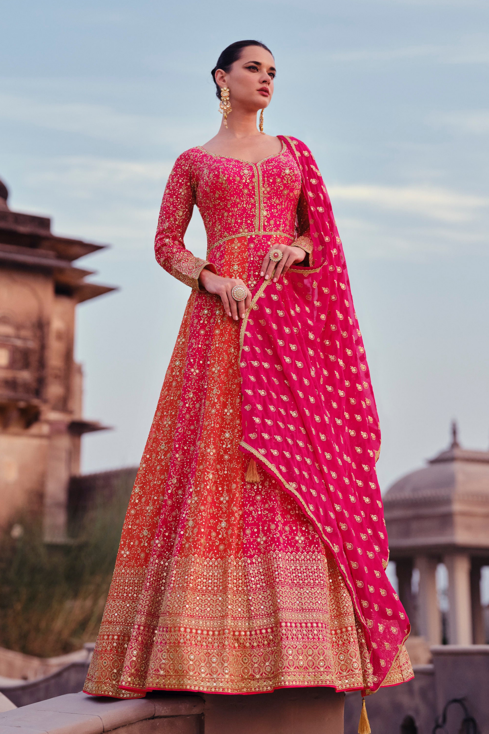 Pink Georgette Floor-Length Beautiful Anarkali Gown Dress For Festive Wear