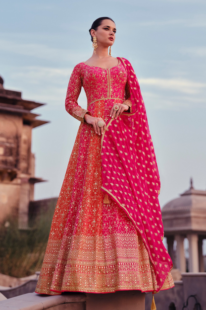 Pink Georgette Floor-Length Beautiful Anarkali Gown Dress For Festive Wear