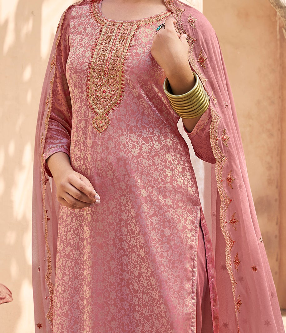 Stylish Light Pink Jacquard Silk Salwar Suit with designer embroidery, ideal for traditional events.