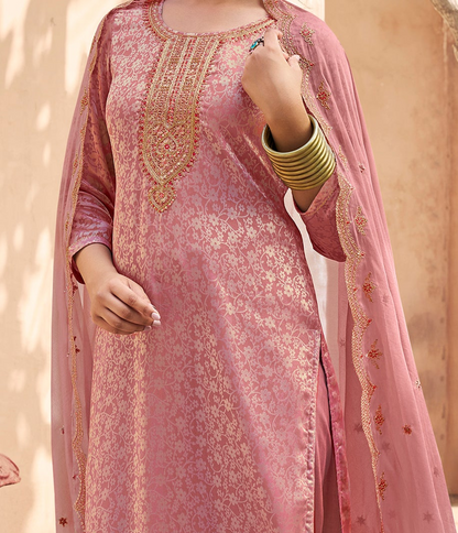Stylish Light Pink Jacquard Silk Salwar Suit with designer embroidery, ideal for traditional events.