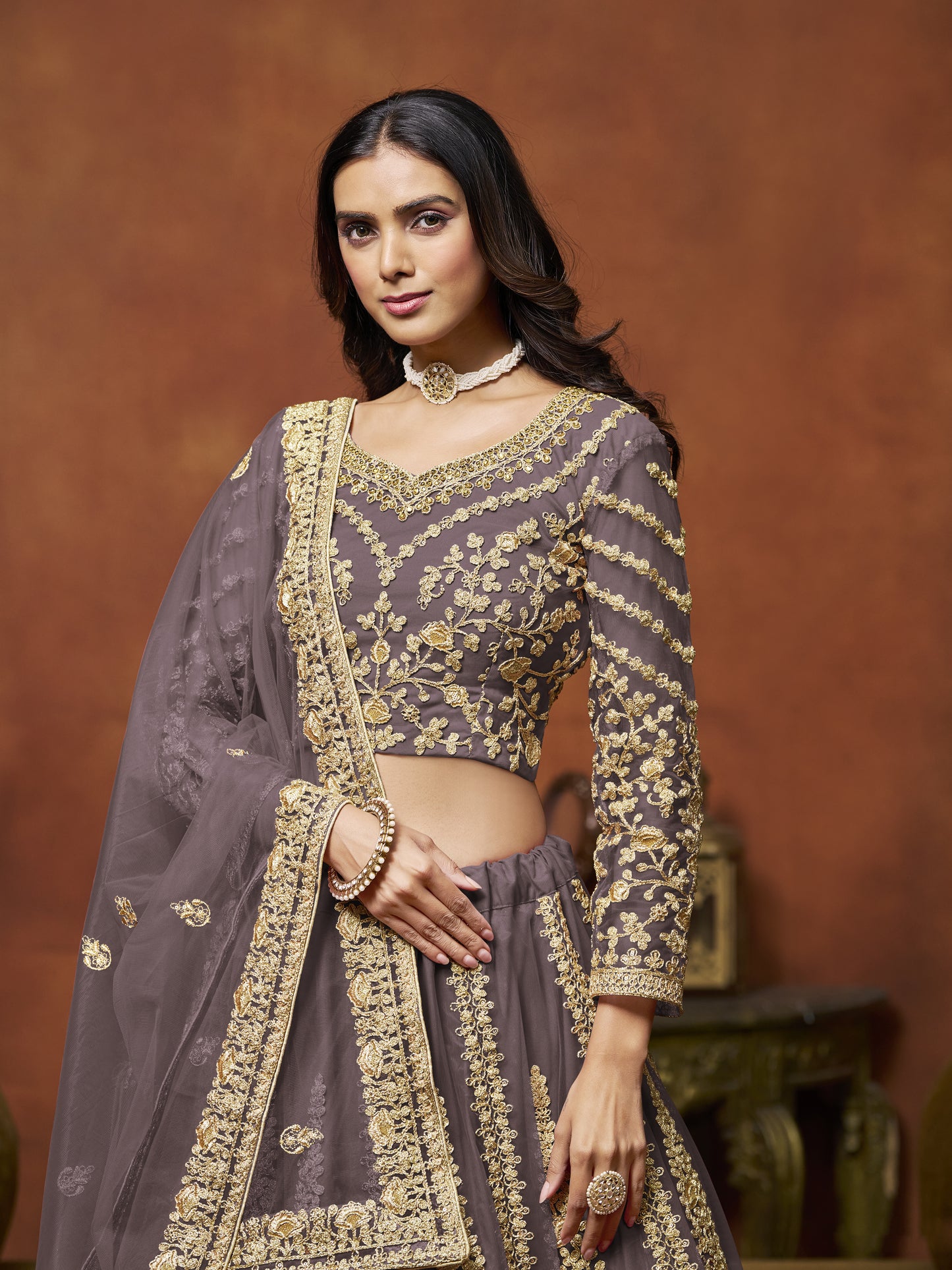 Purple Lehenga for Karva Chauth – Royal and rich, for a special evening look.
