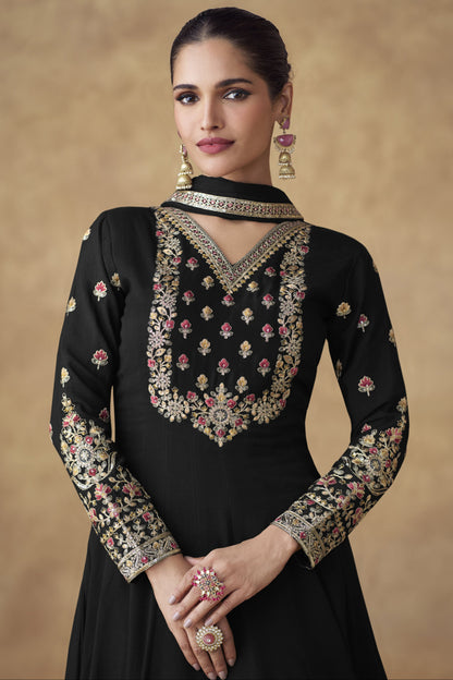 Elegant Black Chinon Silk Anarkali Dress With Embroidered Dupatta For Weddings