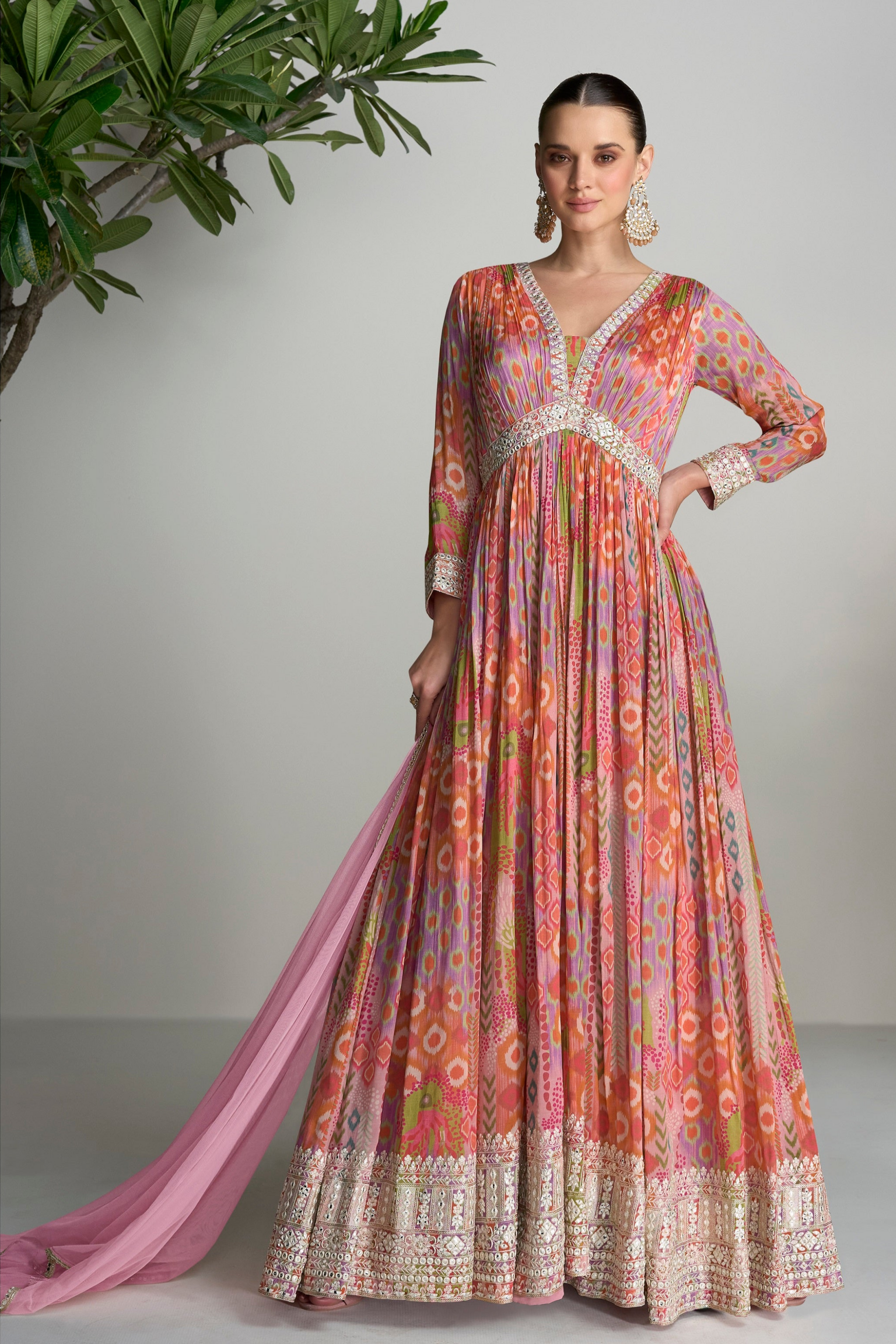 Orange Full Flared Pakistani Anarkali Gown Dress For Eid-Ramzan Party Wear 