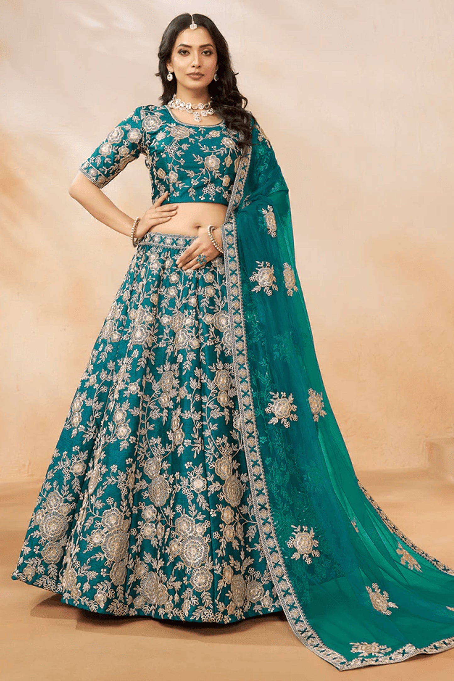 Style Embroidery Work Cyan Color Lehenga Dupatta For Festival