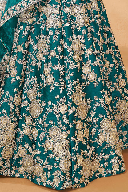 Style Embroidery Work Cyan Color Lehenga Dupatta For Festival
