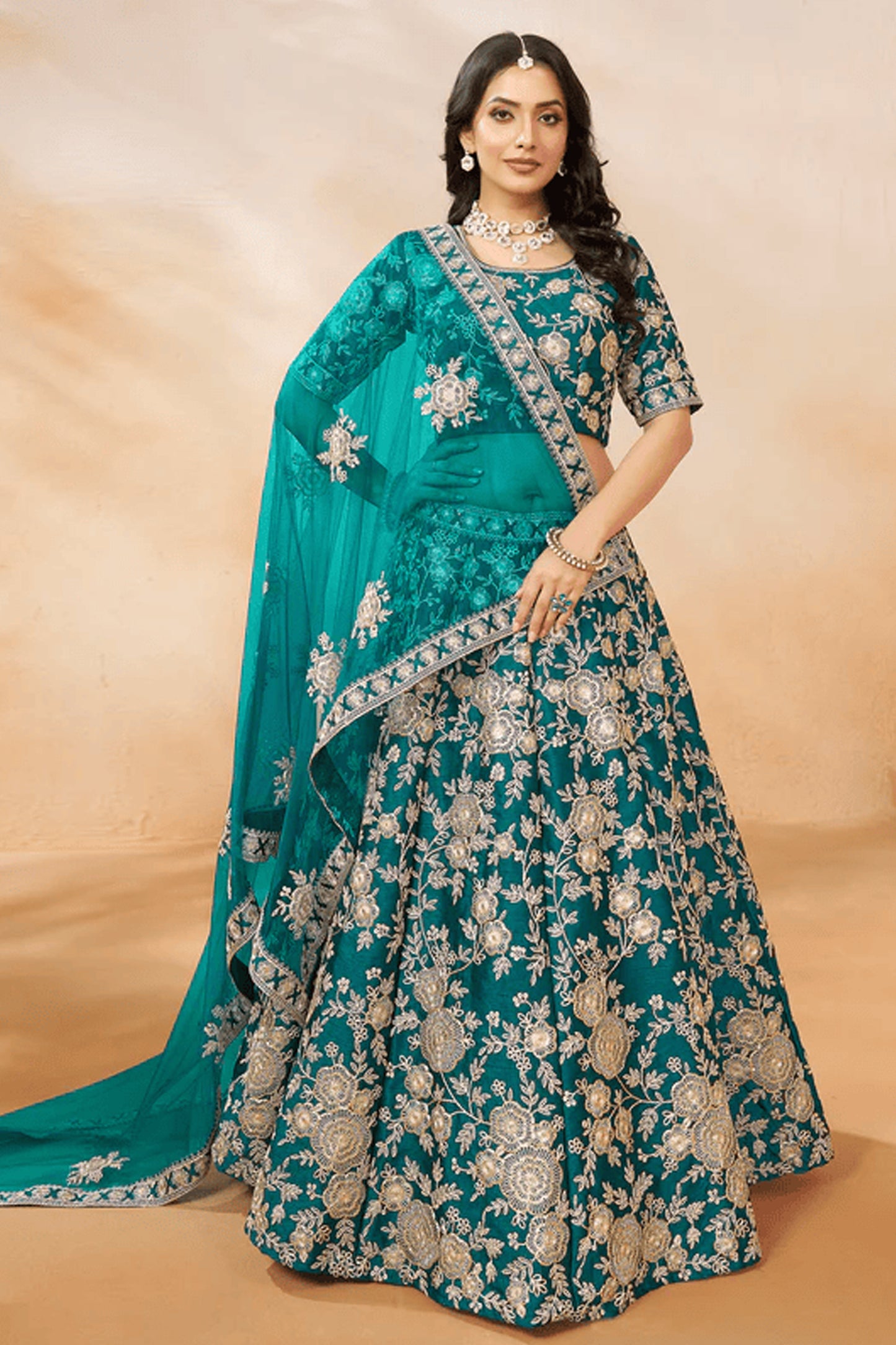 Style Embroidery Work Cyan Color Lehenga Dupatta For Festival