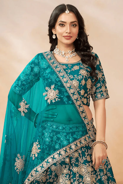 Style Embroidery Work Cyan Color Lehenga Dupatta For Festival