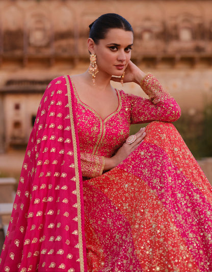 Pink Georgette Floor-Length Stylish Anarkali Gown Suits For Festive Wear