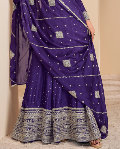 Indian bridal Anarkali suit with embroidered dupatta side view