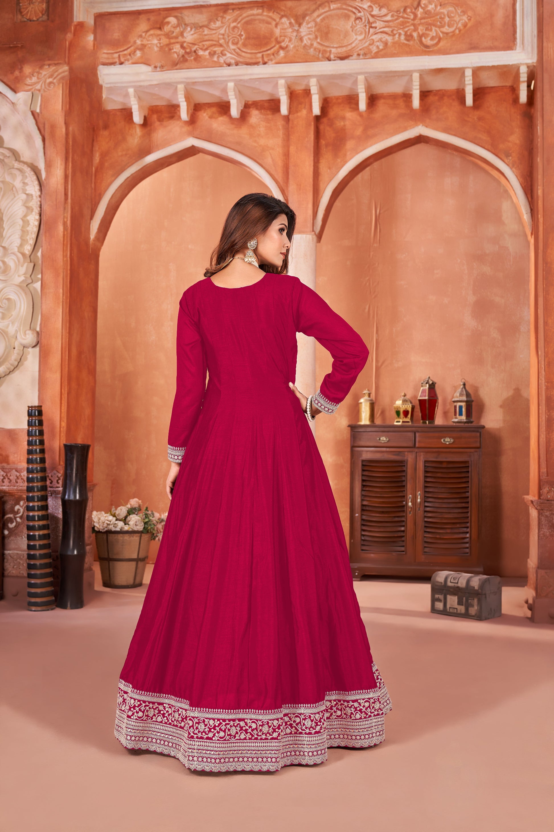 Side View Of Ready-To-Wear Anarkali Gown Showing Dupatta Draping And Elegant Silhouette For Bridal Wear