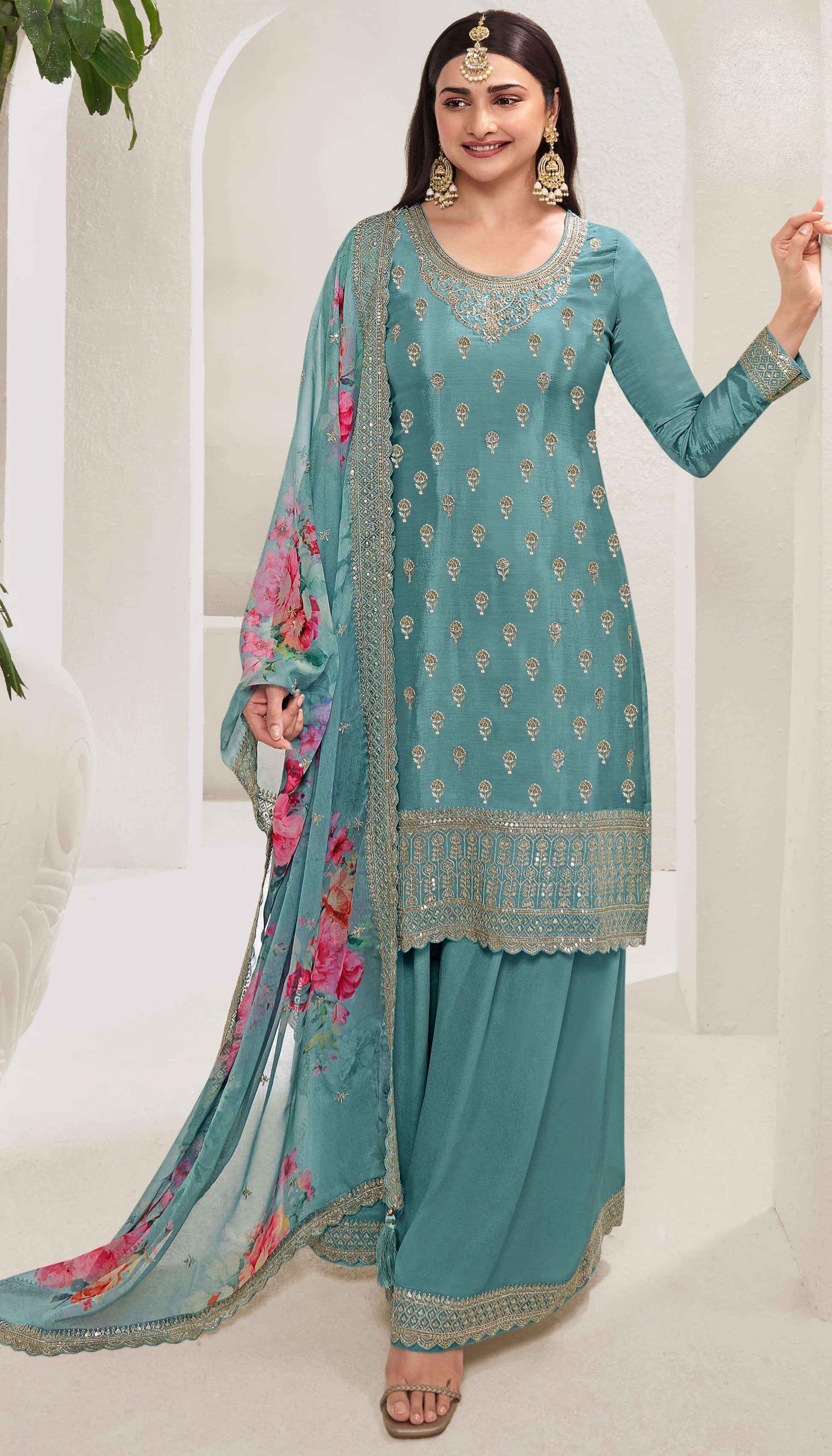 Sky Blue Plazzo Kameez Suits for Marriage Reception Traditional Clothes Store Near Me
