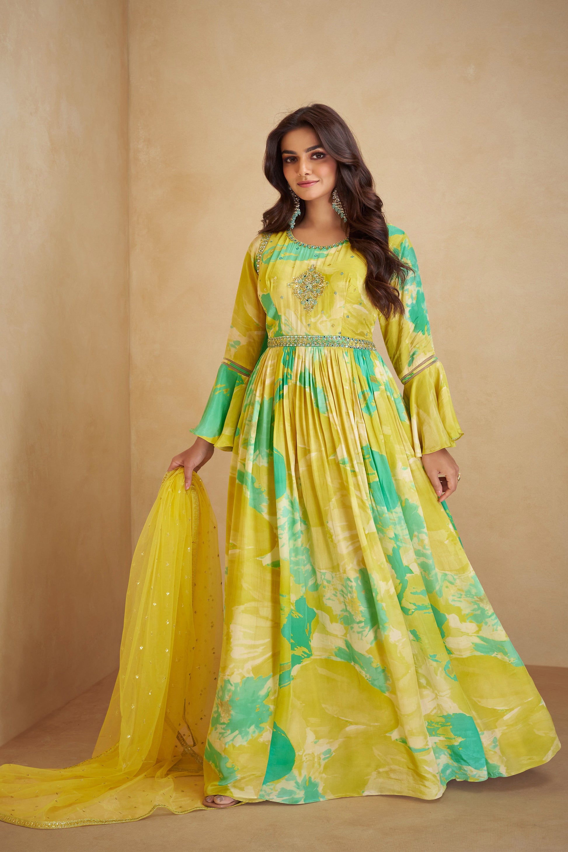 Yellow Anarkali Suit Chinon Silk Short Flower Printed With Net Dupatta Gown