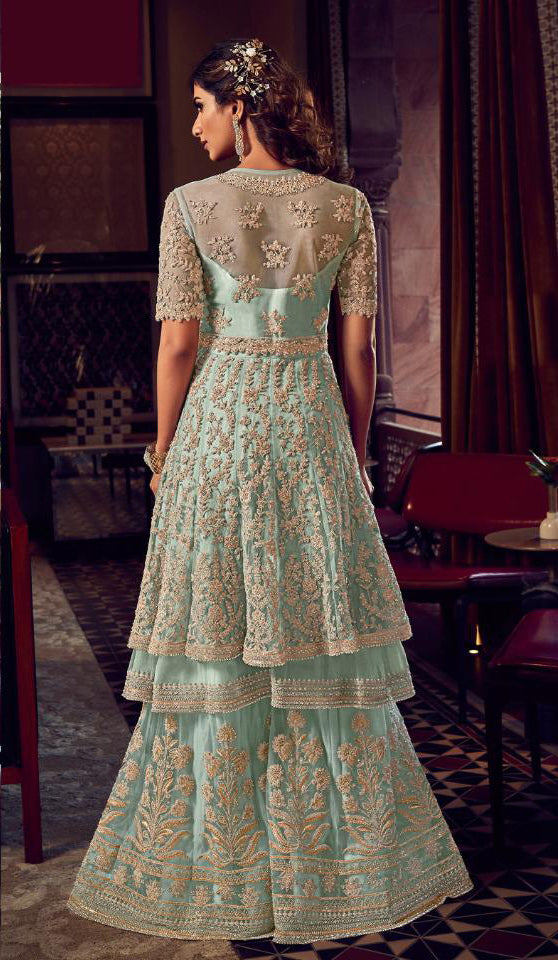 Pakistani Bridal Palazzo Kameez With Butterfly Net Fabric Detail