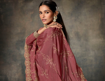 Rose Gold Viscose Dola Silk Salwar Kameez With Western Touch