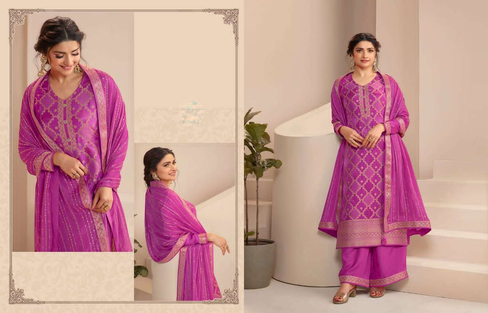 Purple Salwar Kameez Complete Set - Embroidered Top, Santoon Bottom, Chiffon Dupatta