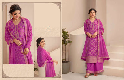 Purple Salwar Kameez Complete Set - Embroidered Top, Santoon Bottom, Chiffon Dupatta