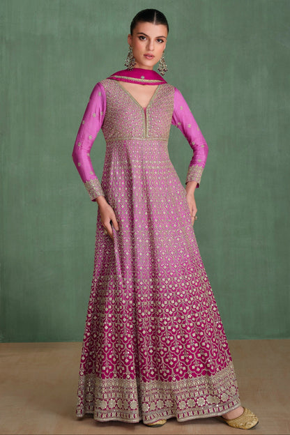 Real Georgette Pink Anarkali Gown With Embroidered Dupatta Suit for Wedding Wear