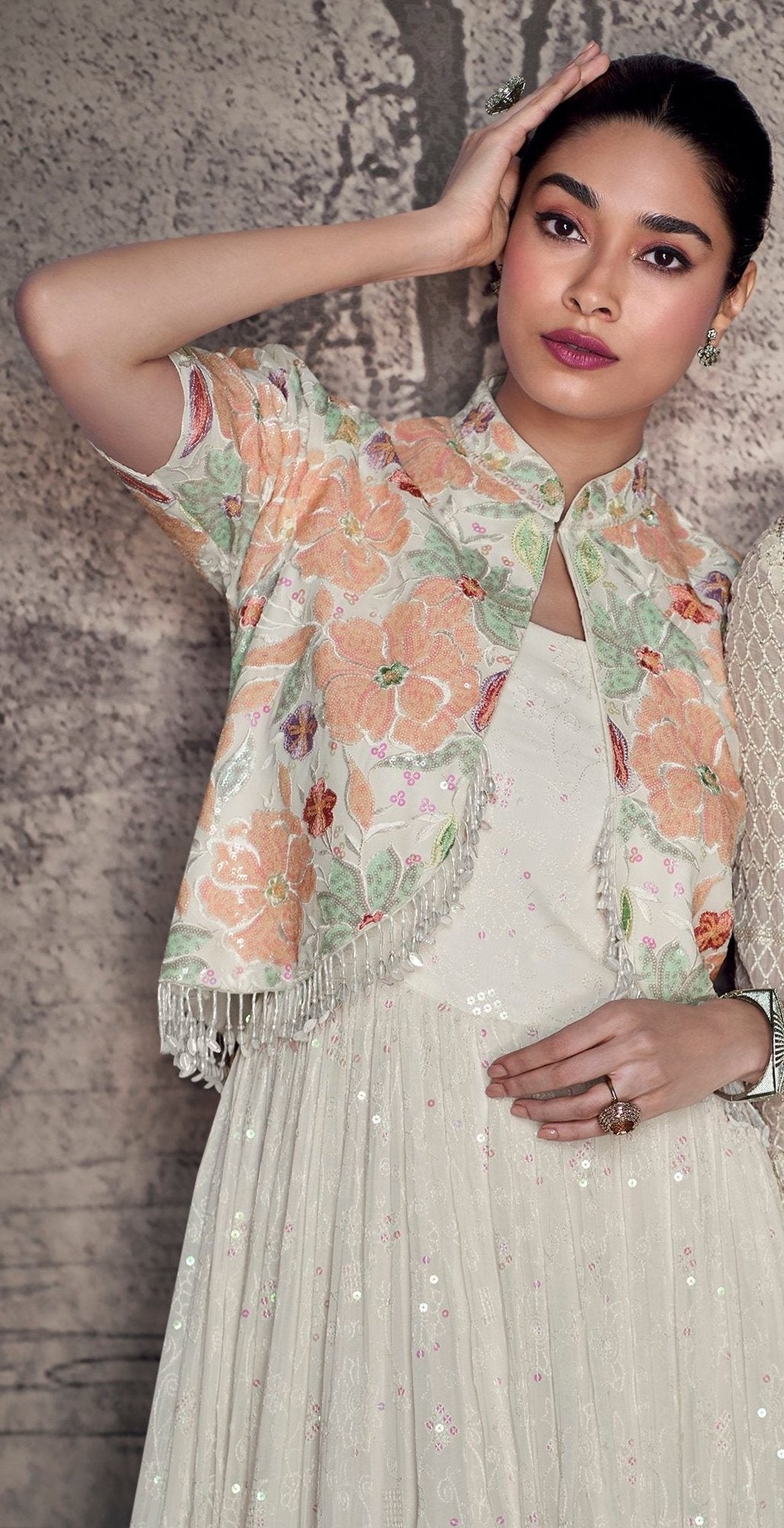 White Georgette Full Flared Long Real Georgette Anarkali Gown Suits With Embroidery Worked