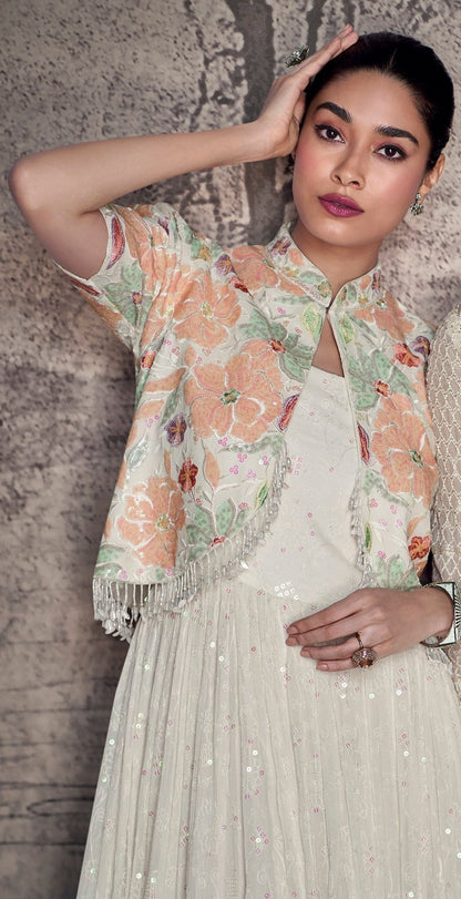 White Georgette Full Flared Long Real Georgette Anarkali Gown Suits With Embroidery Worked