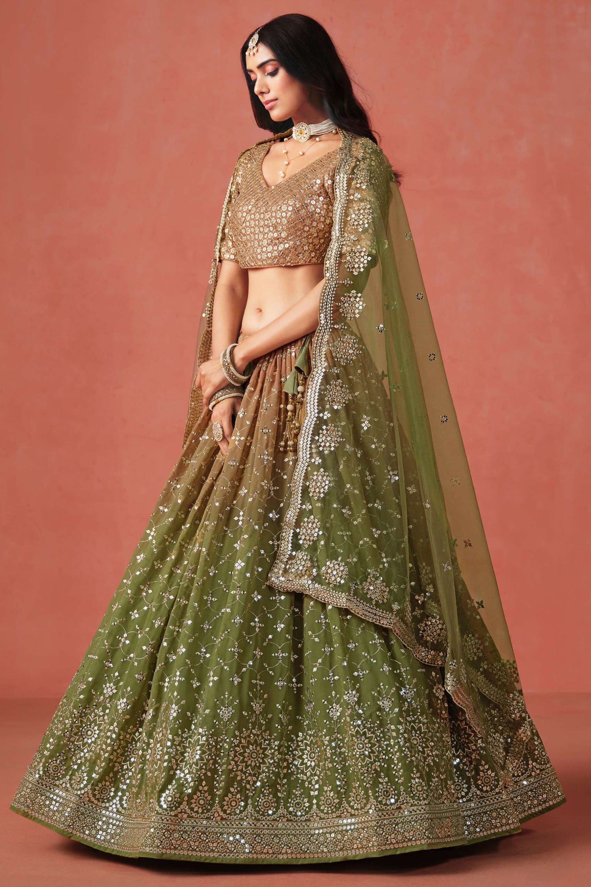 Premium Designer Wedding Lehenga Choli in Olive Green Georgette Fabric For Traditional Bridal Wear