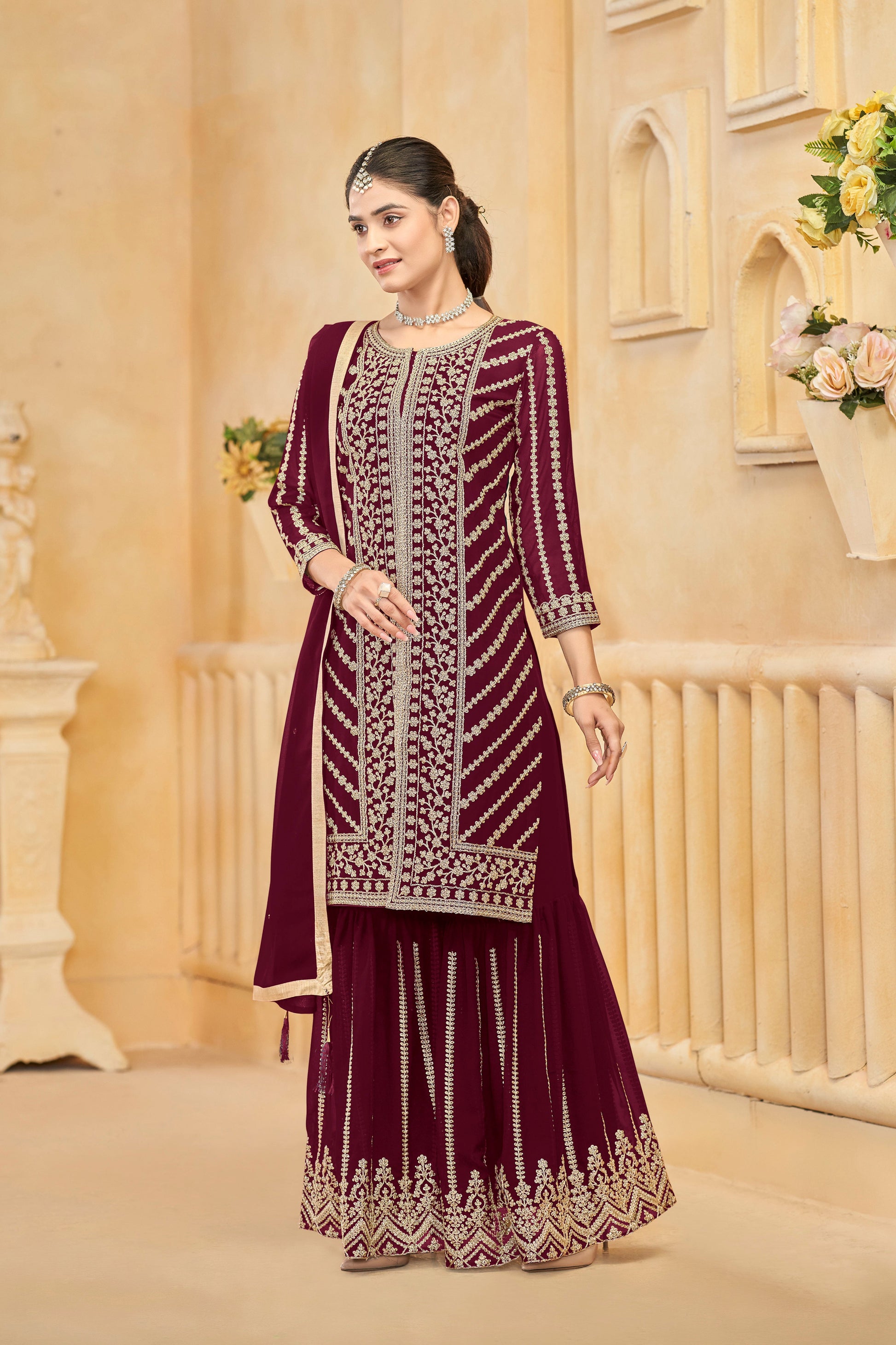 Traditional Pakistani Wedding Sharara Dress Burgundy Color Heavy Embroidery Available USA