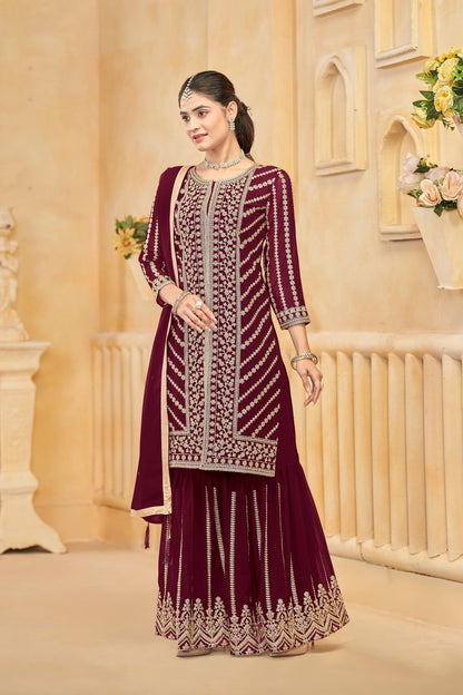 Traditional Pakistani Wedding Sharara Dress Burgundy Color Heavy Embroidery Available USA
