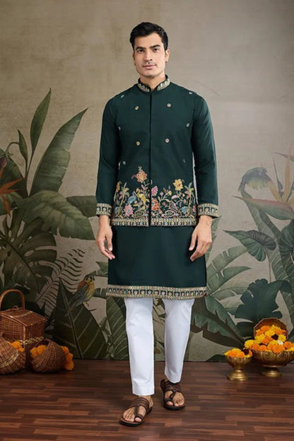 Green Color Viscose Silk Kurta Set For Men Real Mirror Work With Matching Pant