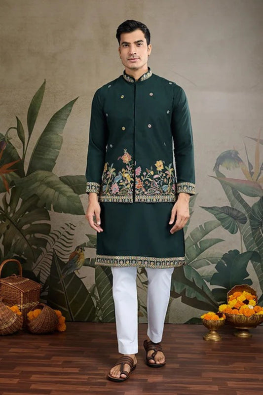 Green Color Viscose Silk Kurta Set For Men Real Mirror Work With Matching Pant