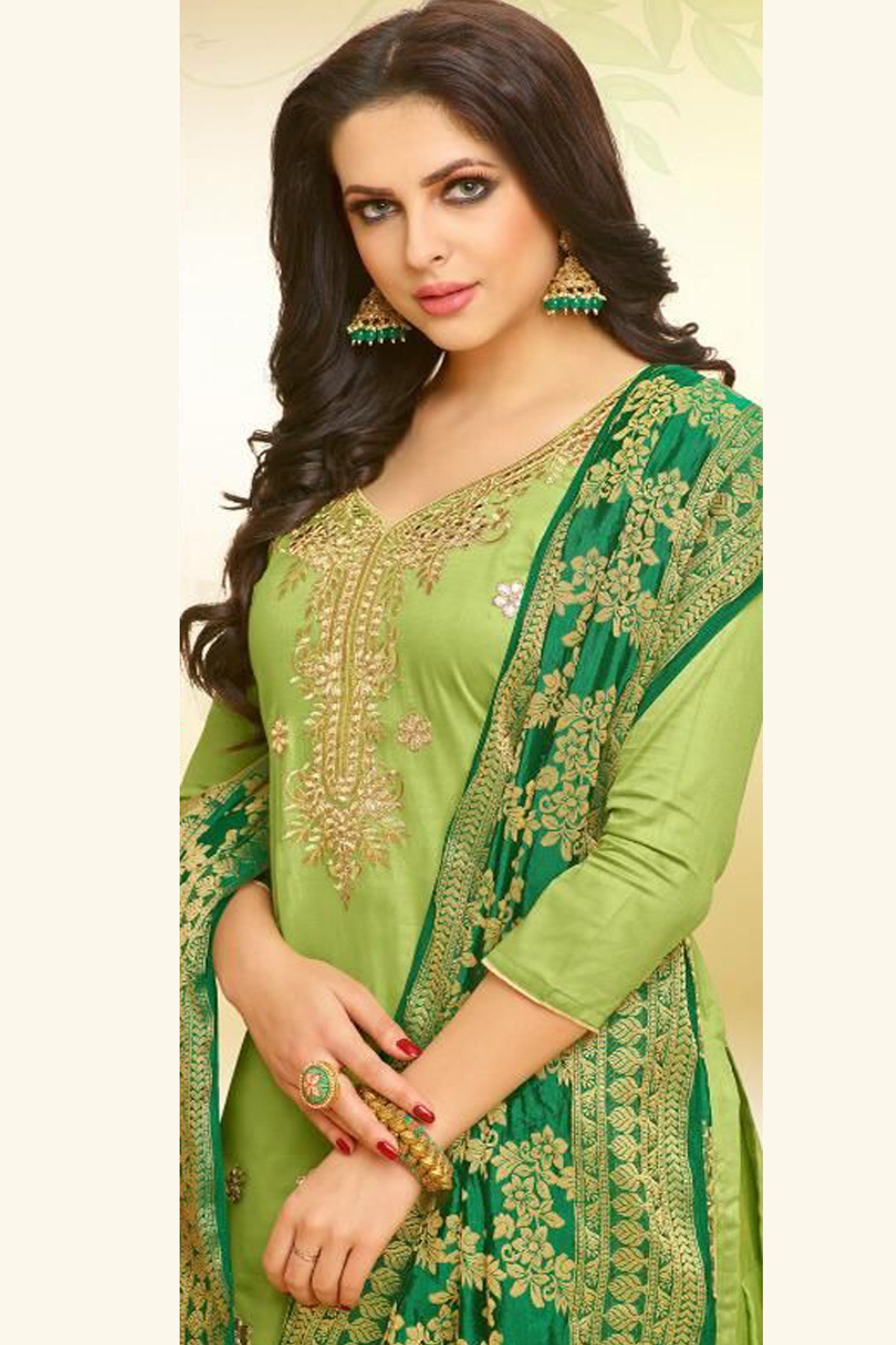 Pista Green Women Panjabi Suits Punjabi Women Kurti Indian Salwar Silk Floral Indian Outfits for Ladies