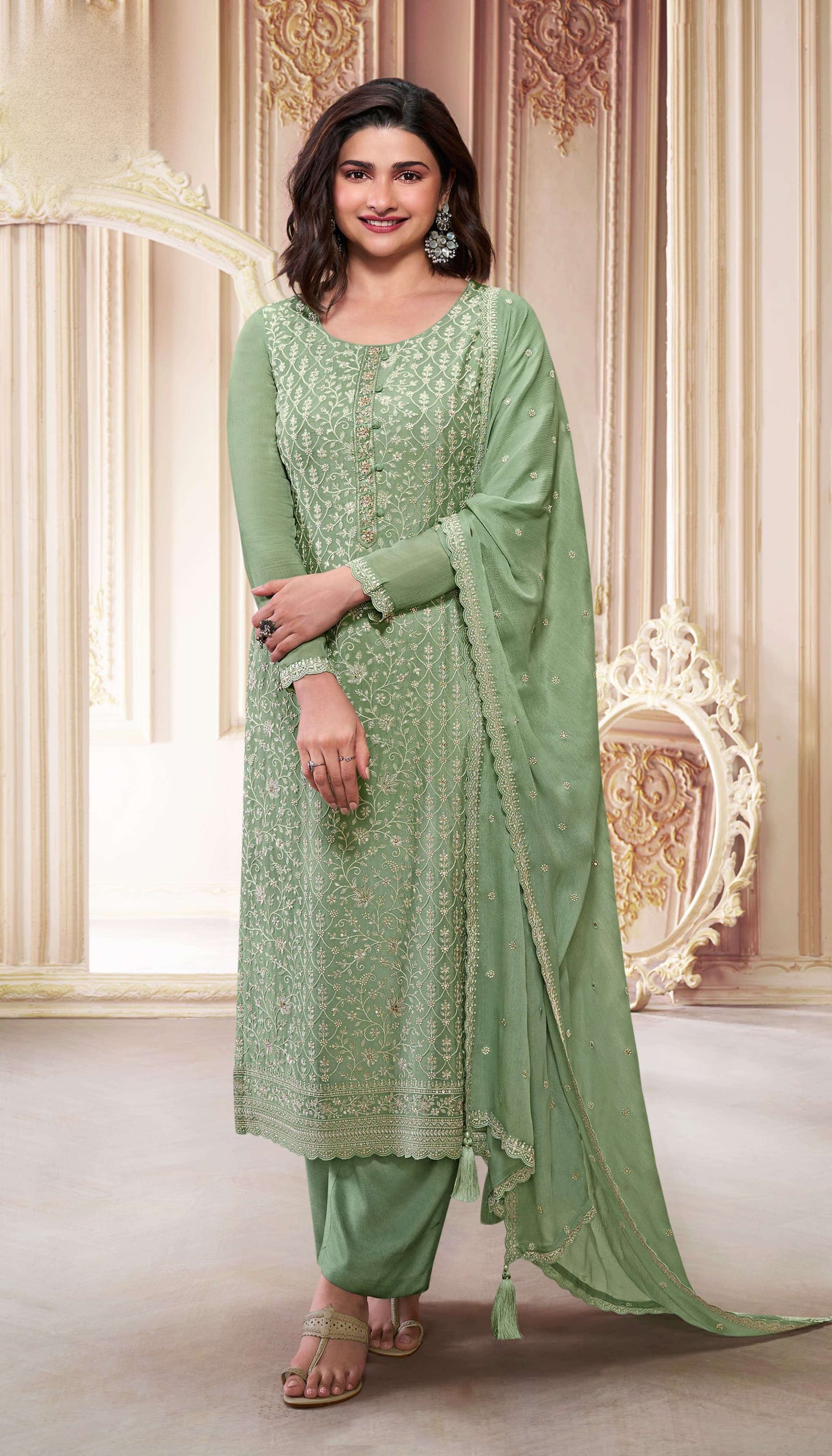 Embroidered Banarasi  Chinon Fabric Salwar Suit in Pistachio Green