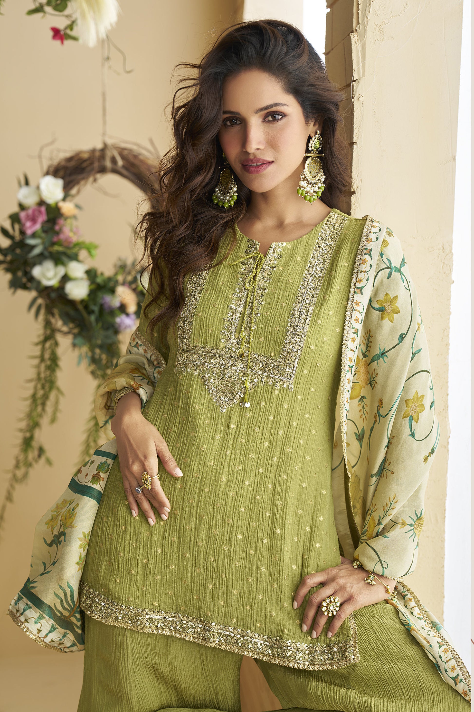 Light Green Embroidered Palazzo Suit For Printed Dupatta