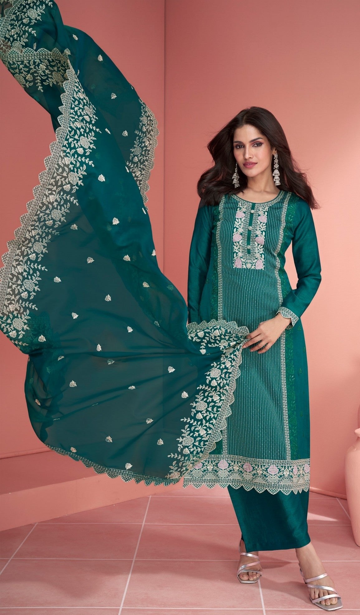 Ready To Wear Green Salwar Kameez Set With Dupatta - Plus Size Available 32-44