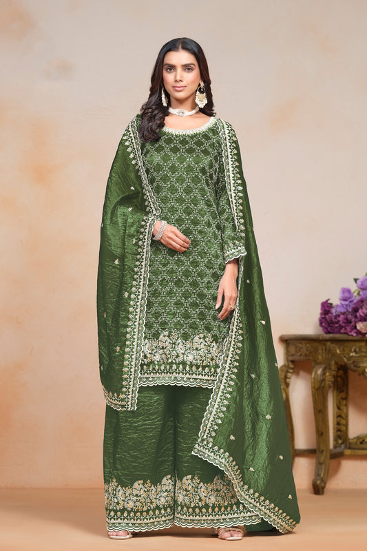 Green Organza Palazzo Suit With Designer Embroidery For Wedding Mehendi Functions
