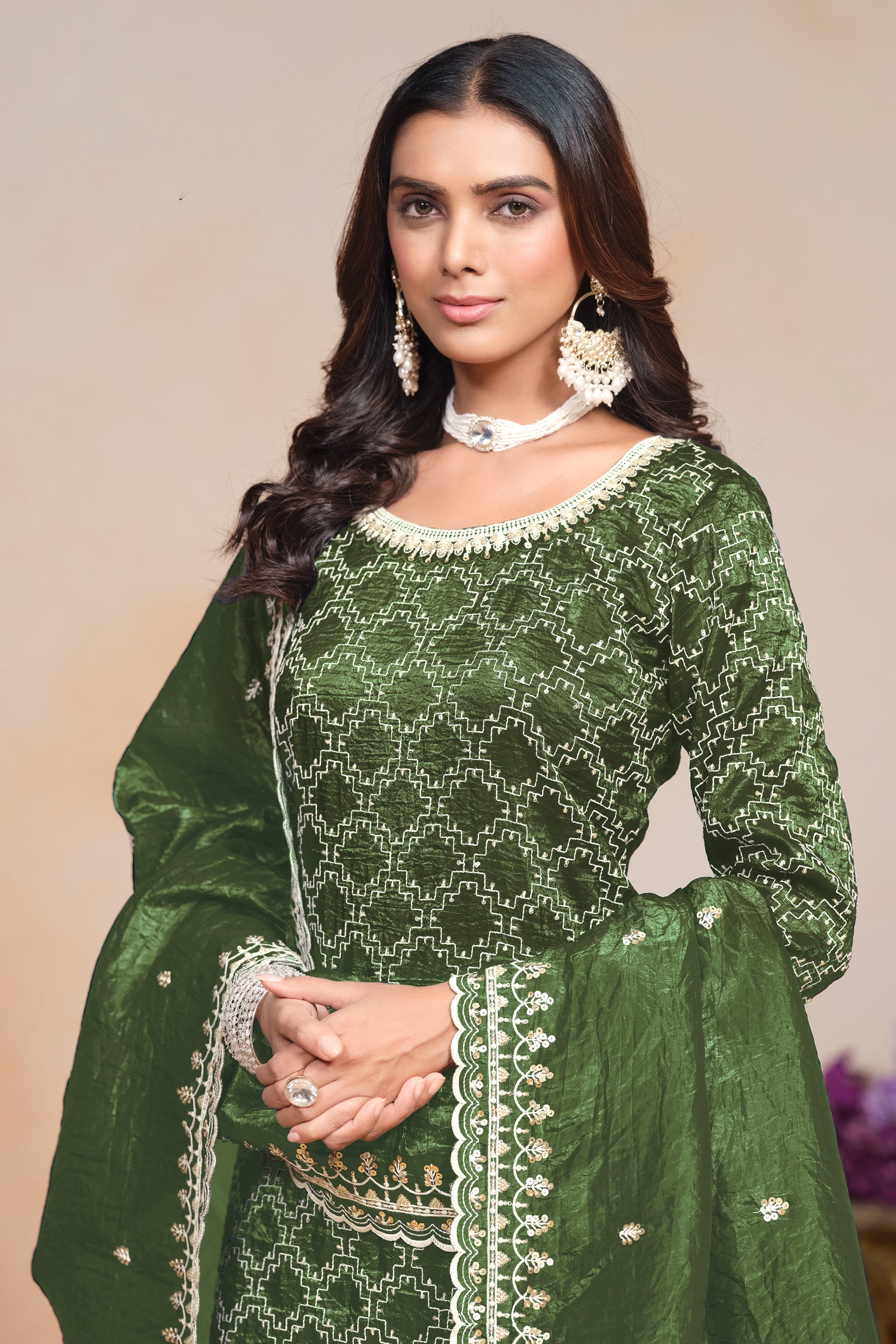 Mehendi Green Organza Palazzo Suit With Matching Dupatta For Wedding Functions
