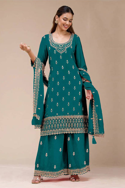 Teal Green Embroidered Pakistani Palazzo Suit For Wedding Wear 