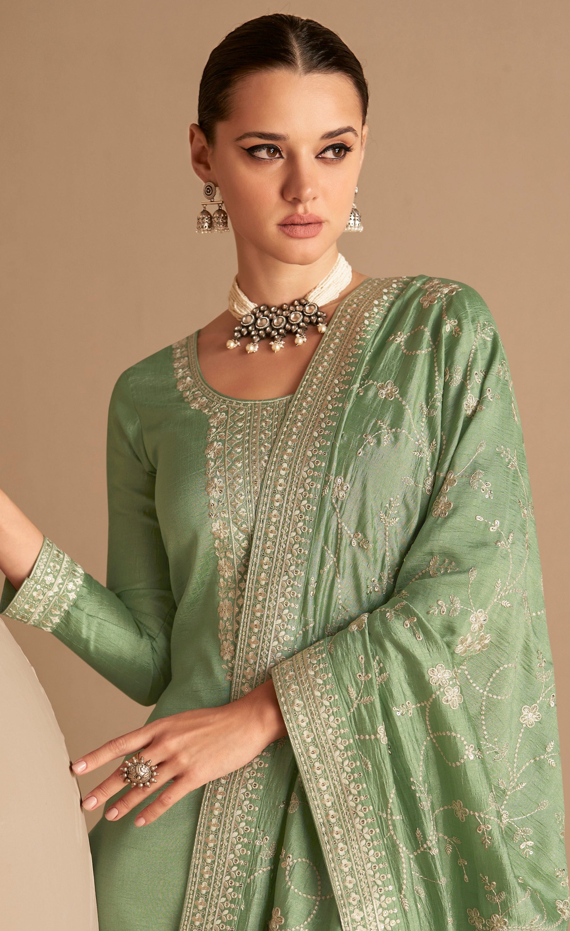Pistachio Green Premium Silk Bollywood Salwar Kameez With  Kashmiri Embroidery