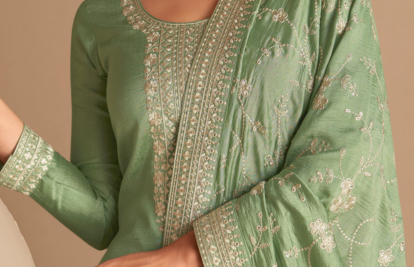 Pista Green Premium Silk Fabric Bollywood Salwar Kameez With Sequin Kashmiri Work 