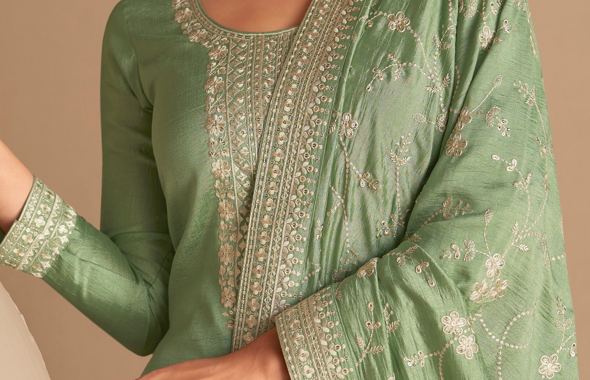 Pista Green Premium Silk Fabric Bollywood Salwar Kameez With Sequin Kashmiri Work 