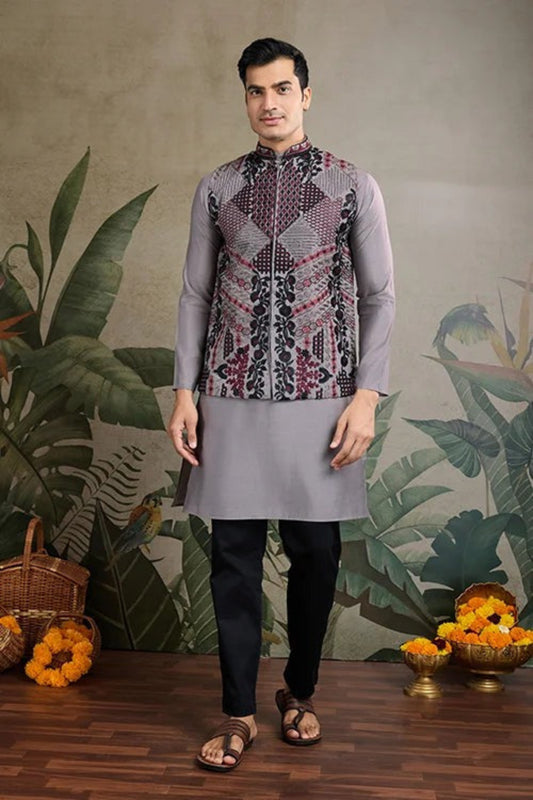 Premium Gray Color Viscose Silk Kurta Set For Man Real Mirror Work With Matching Pant